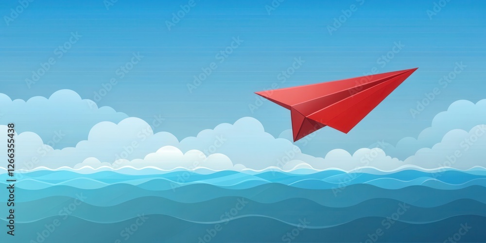 A crimson paper airplane soars above a tranquil ocean, symbolizing a journey of hope and dreams under a serene sky A crimson paper airplane soars above a tranquil ocean, symbolizing a journey of hope and dreams under a serene sky