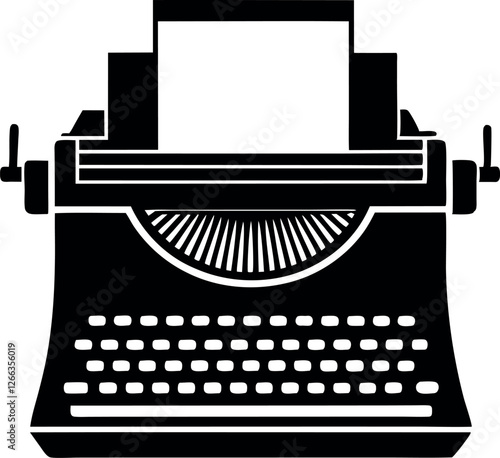 Vintage Typewriter Silhouette with Keys and Paper Vector Illustration