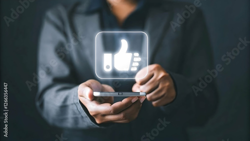 Wallpaper Mural Holographic Thumbs Up Icon: Visualizing Positive Feedback in Digital Systems with Space for Text Torontodigital.ca