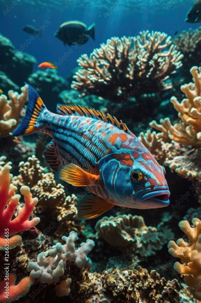A vibrant underwater scene featuring a colorful fish among coral reefs. A vibrant underwater scene featuring a colorful fish among coral reefs.