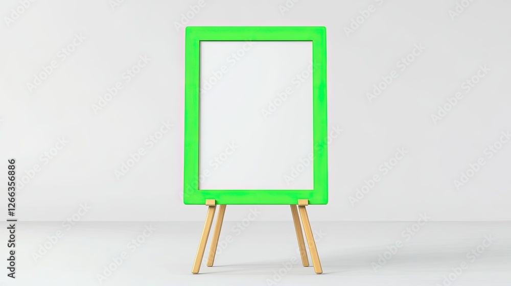 Bright green framed blank sign on wooden easel in minimalistic studio setting Bright green framed blank sign on wooden easel in minimalistic studio setting