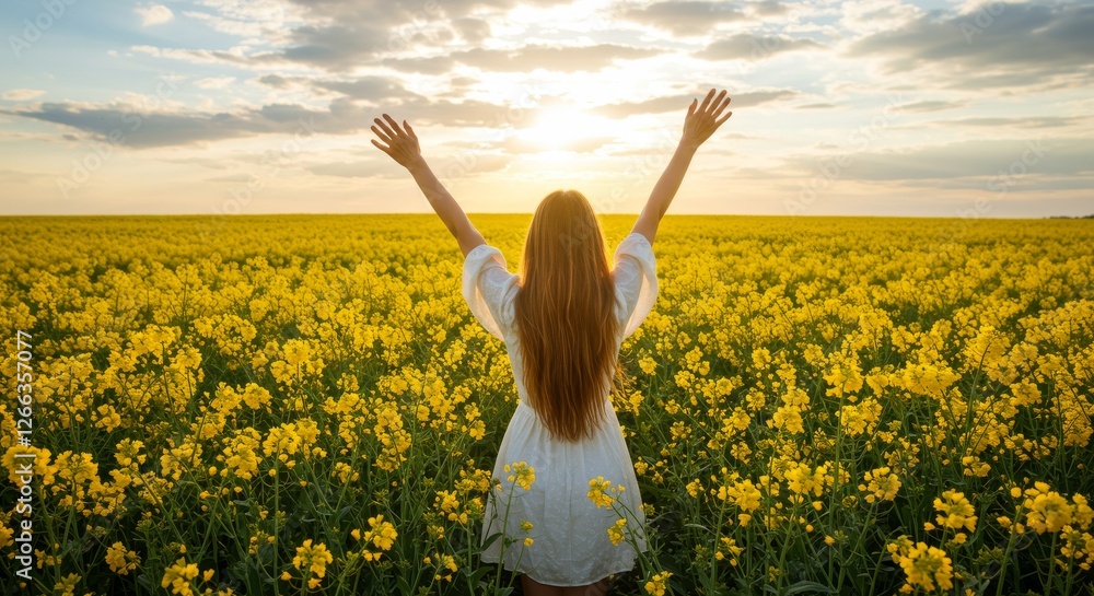 Fototapeta premium A young woman jumps carefree in a sunlit yellow and green meadow, arms outstretched to the blue summer sky 2
