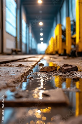 A poorly lit factory floor with obstacles scattered, increasing the risk of tripping