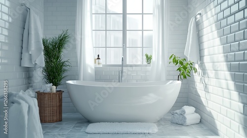 Bright and airy bathroom with a chic bathtub and vibrant plants creating a refreshing ambiance : Generative AI photo