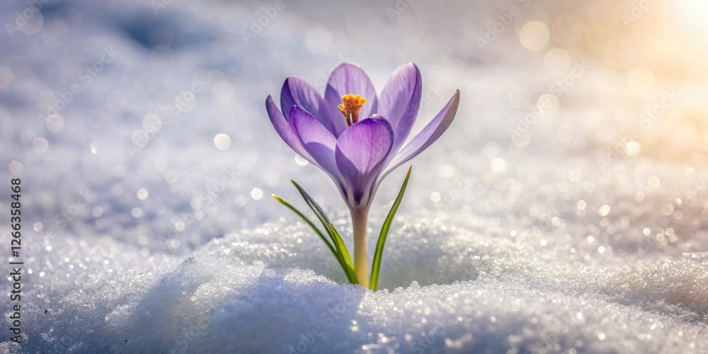 A vibrant purple crocus flower bravely emerges from a blanket of glistening snow, bathed in the warm glow of sunlight, a symbol of resilience and the promise of spring's arrival. A vibrant purple crocus flower bravely emerges from a blanket of glistening snow, bathed in the warm glow of sunlight, a symbol of resilience and the promise of spring's arrival.