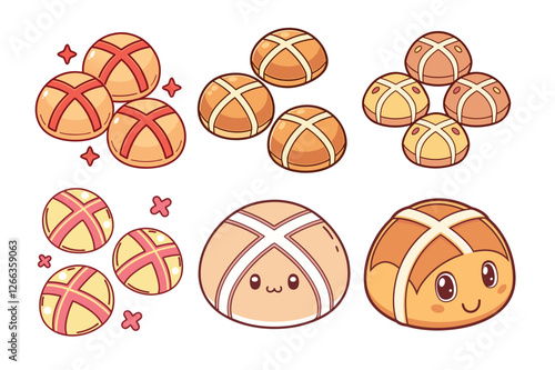 A Bundle of Cute Hot Cross Buns vector cartoon Illustration Easter day