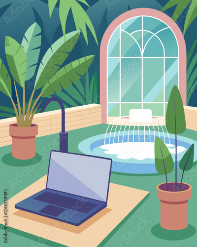 With the soft sound of water trickling from a nearby fountain a laptop sat on a wicker table ready for work amidst the peaceful oasis of the greenhouse.. Vector illustration