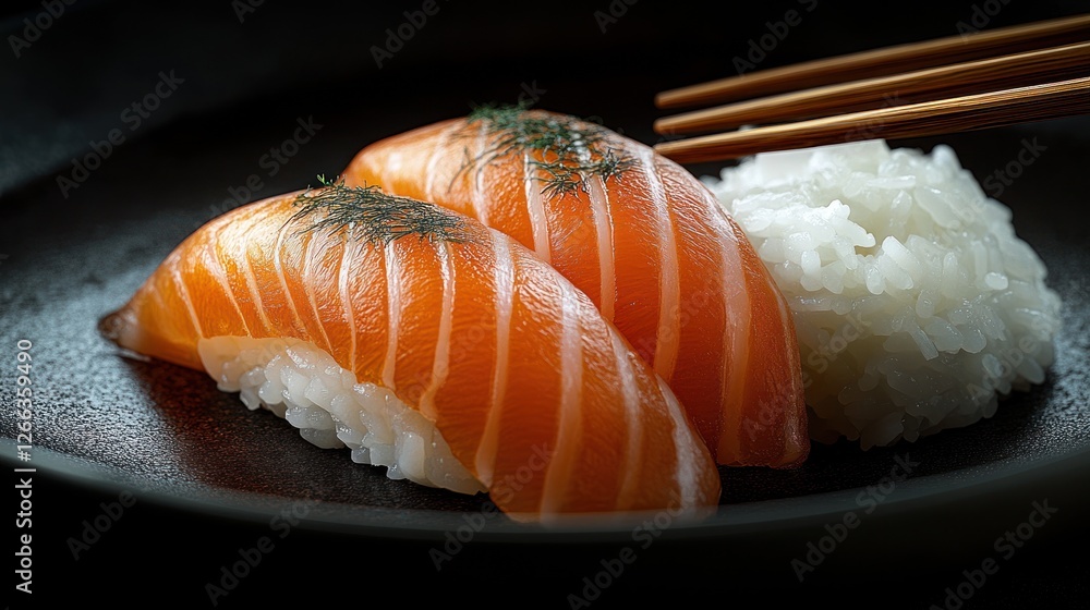 Fresh salmon nigiri sushi on dark plate, chopsticks ready Fresh salmon nigiri sushi on dark plate, chopsticks ready