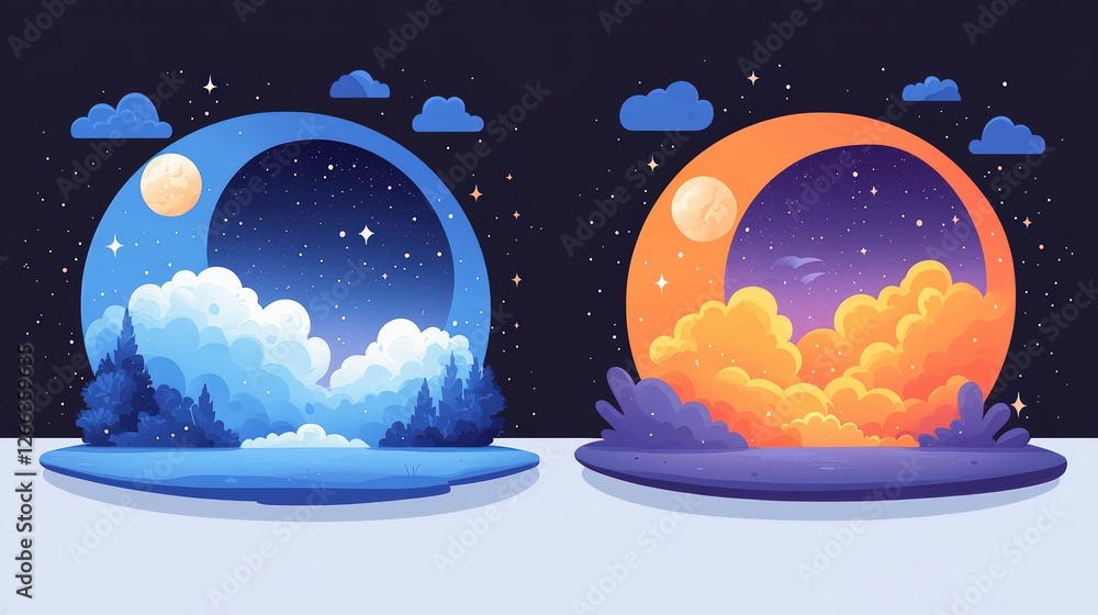 Fototapeta premium Dreamy Night Sky Two Moonlit Landscapes Stars Clouds Forest