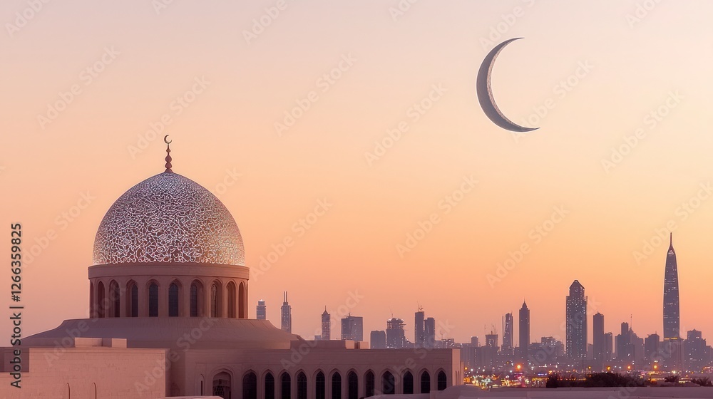 Fototapeta premium Crescent Moon over Mosque Dome City Skyline at Dusk