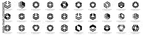 Set of minimalistic trendy shapes creative hexagon logo icon set. Stylish vector logo emblems for Your design.