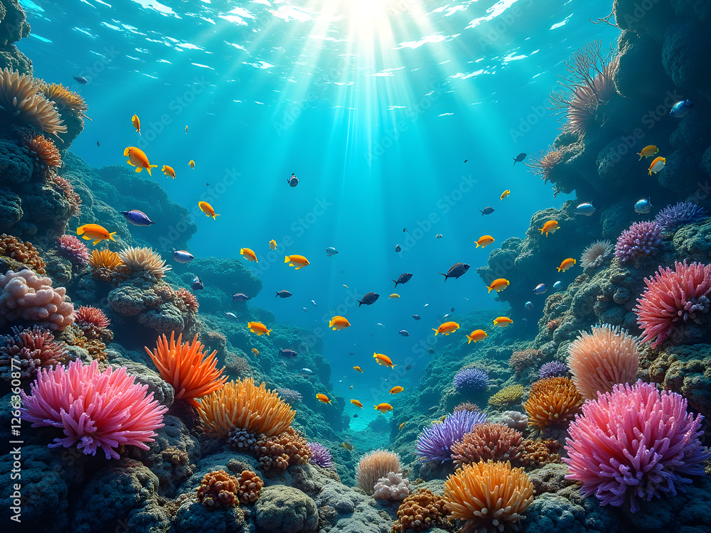 Naklejka premium Vibrant Coral Reef Below: A top-down aerial shot showcasing a colorful coral reef beneath the clear summer waters. Bright fish and marine life create a mesmerizing underwater paradise.