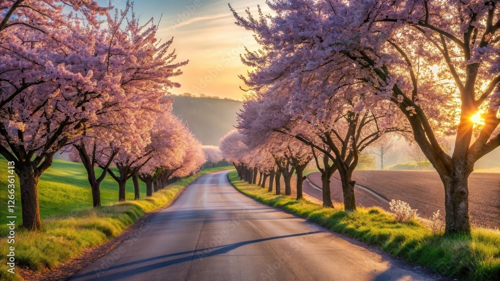 Serene sunrise illuminates a picturesque road lined with blossoming trees, creating a breathtaking springtime vista. Serene sunrise illuminates a picturesque road lined with blossoming trees, creating a breathtaking springtime vista.