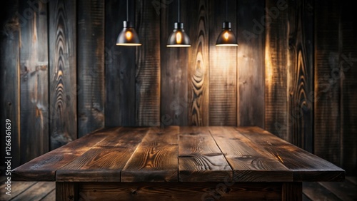 Wallpaper Mural Rustic Wooden Tabletop with Warm Ambient Lighting from Hanging Lamps Against a Dark Wood Panel Background Torontodigital.ca