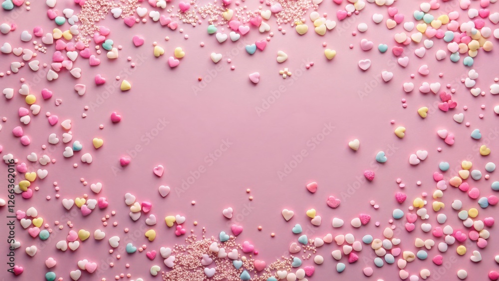 Pastel Heart-Shaped Confectionery Sprinkles Frame on Pink Background Ideal for Festive Designs and Celebrations Pastel Heart-Shaped Confectionery Sprinkles Frame on Pink Background Ideal for Festive Designs and Celebrations