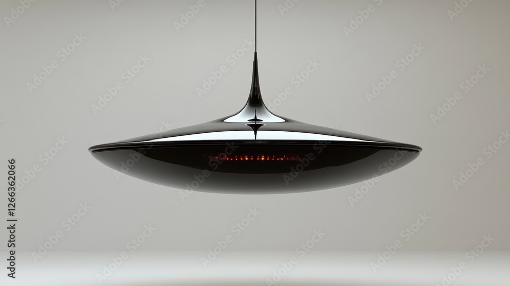 Fototapeta premium Futuristic black saucer pendant lamp in minimalist studio