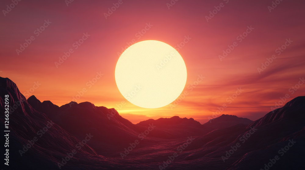 Obraz premium stunning sunrise over mountains with large, bright sun illuminating landscape, creating serene and peaceful atmosphere