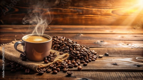 Aromatic Coffee Cup with Steaming Espresso and Roasted Beans on Rustic Wooden Surface