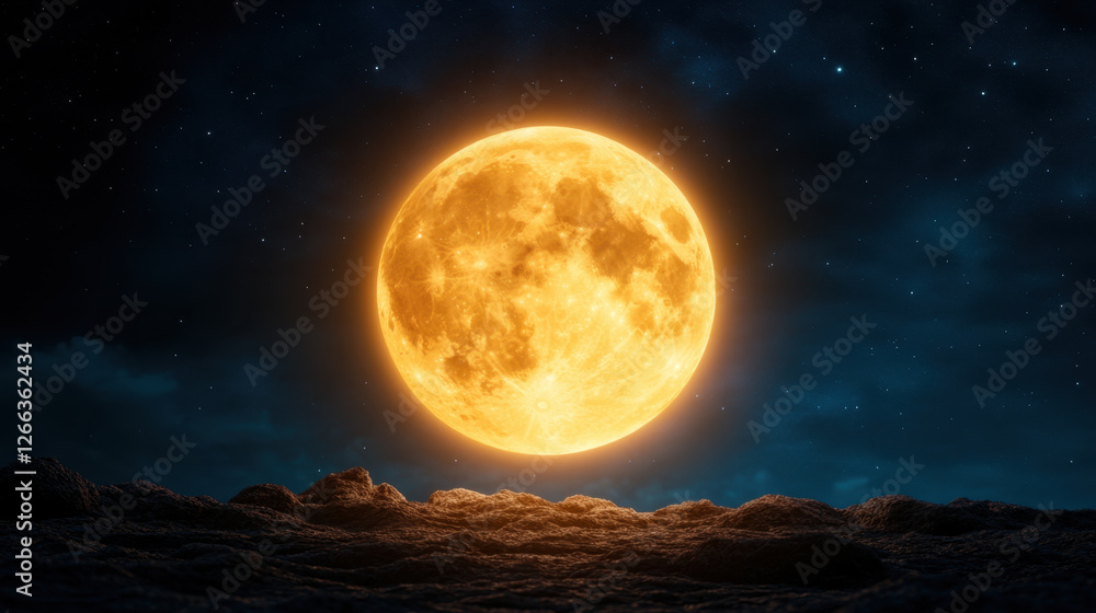 Fototapeta premium bright full moon illuminates dark sky, casting warm glow over textured landscape. scene evokes sense of wonder and tranquility