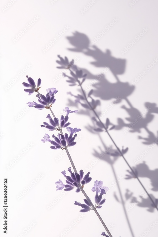 Obraz premium Lavender sprig with shadow on white background.