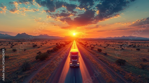 Truck driving on a long road during a vibrant sunset with mountains in the background