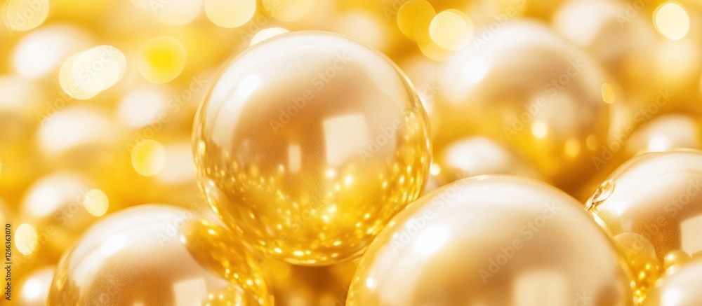 Close-up of shiny golden spheres with bokeh background. Close-up of shiny golden spheres with bokeh background.