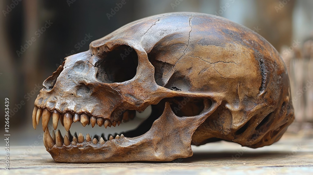 Detailed close-up of a realistic animal skull resting on a rustic wooden surface, showcasing intricate textures Detailed close-up of a realistic animal skull resting on a rustic wooden surface, showcasing intricate textures