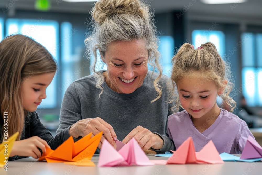Fototapeta premium A teacher guiding students through an origami craft activity, colorful paper on the table