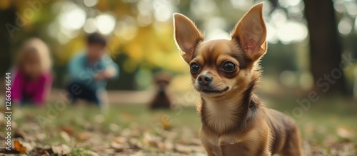 Cute chihuahua puppy playing with children in autumn park.