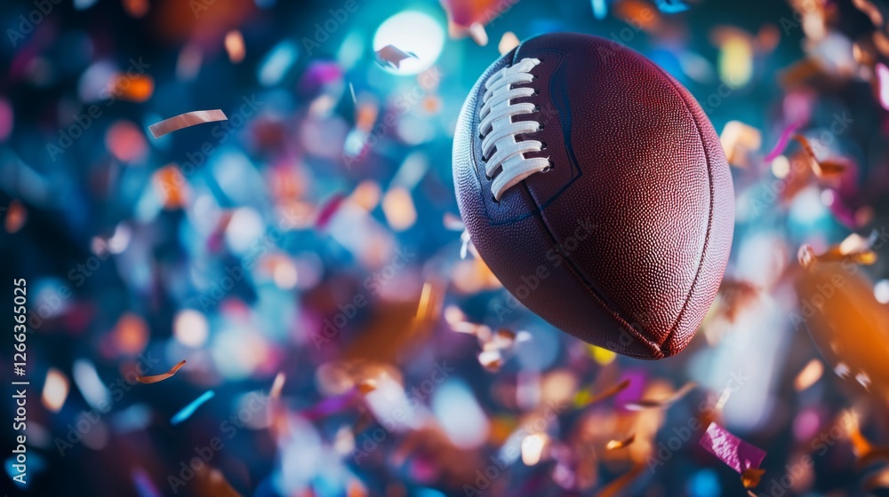 Super Bowl Sunday background with a football, confetti, and goalposts, dynamic sports theme with copy space. Super Bowl Sunday background with a football, confetti, and goalposts, dynamic sports theme with copy space.