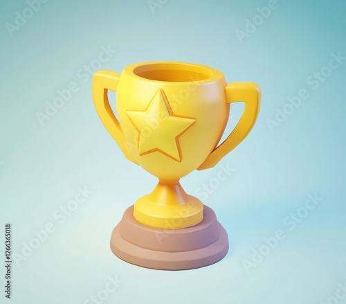 A gold trophy with a yellow star sits on a small brown base against a light-blue background. photo