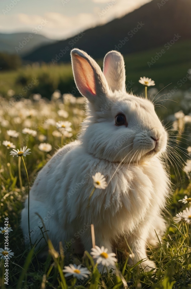 A fluffy white rabbit sitting in a field of daisies during a sunny day. A fluffy white rabbit sitting in a field of daisies during a sunny day.