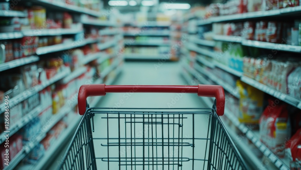 Empty shopping cart in supermarket aisle with shelves stocked with various products. Empty shopping cart in supermarket aisle with shelves stocked with various products.