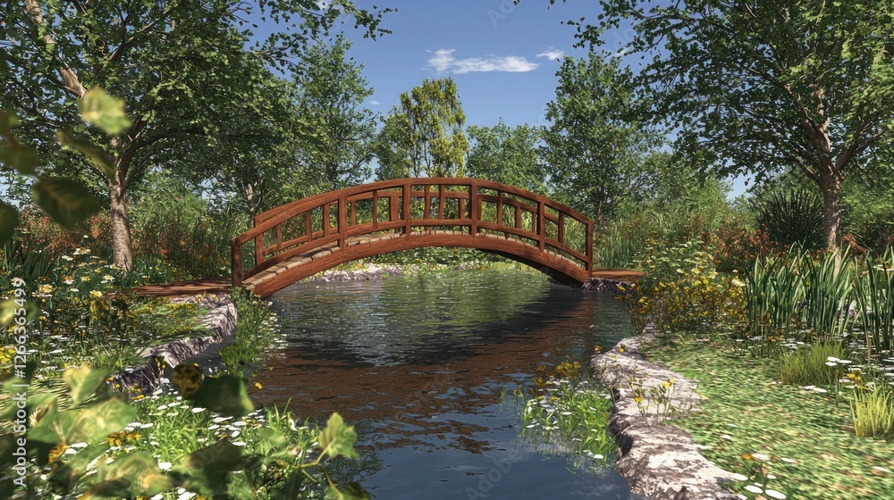 Wooden Bridge Over Pond in Sunny Garden Wooden Bridge Over Pond in Sunny Garden