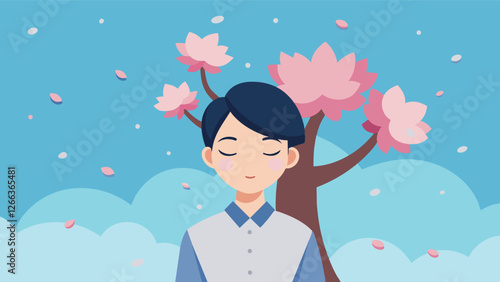 With eyes closed and a serene expression a freelancer takes a moment to appreciate the beauty of a blooming cherry blossom tree in the middle of the Zen garden.. Vector illustration