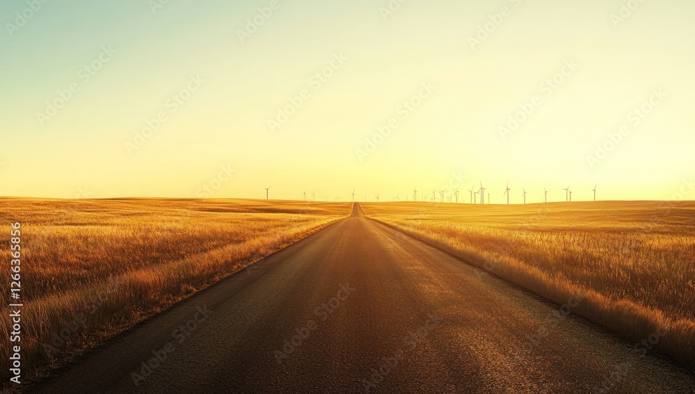 Fototapeta premium Asphalt road vanishing into a golden field at sunset with wind turbines in the distance.
