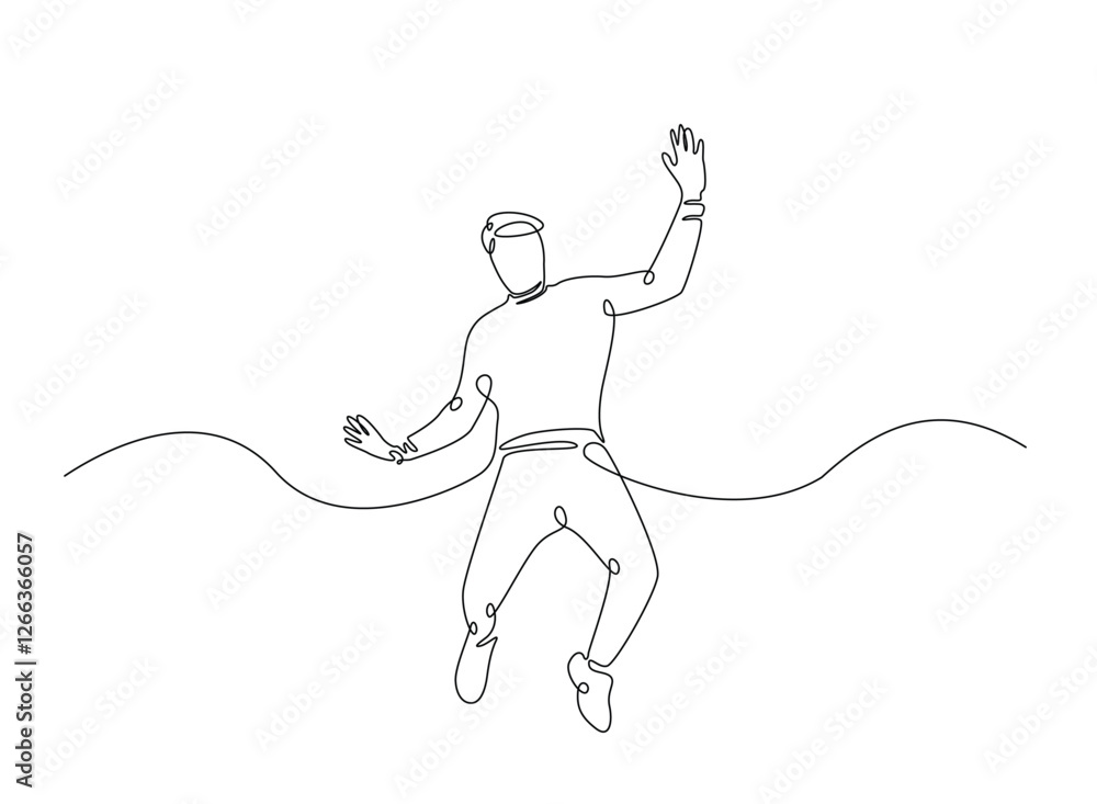 Happy jumping celebrating illustration in continuous one line drawing. Happy person jumping high giving high five in one line draw. Editable vector. Happy jumping celebrating illustration in continuous one line drawing. Happy person jumping high giving high five in one line draw. Editable vector.