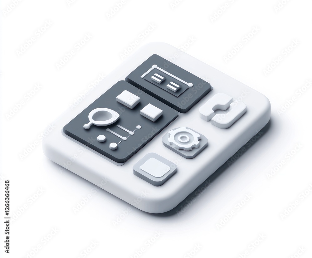 3D isometric illustration of a user interface with various icons representing settings, search, communication, and data. 3D isometric illustration of a user interface with various icons representing settings, search, communication, and data.