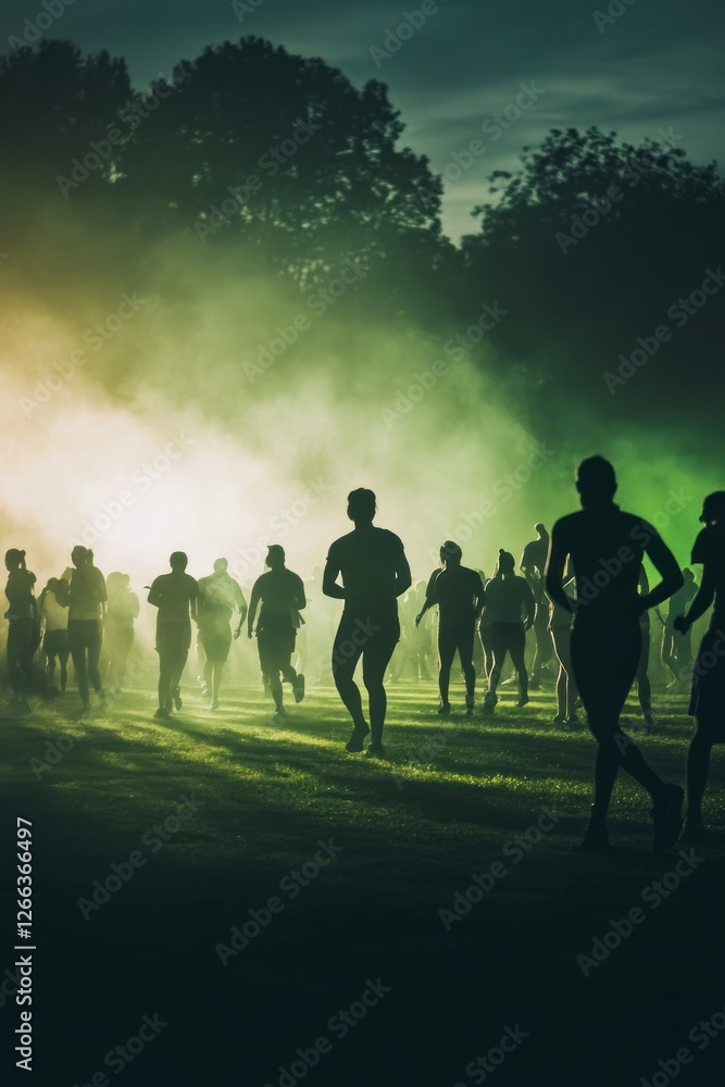 Silhouetted runners in a hazy park at dusk. Silhouetted runners in a hazy park at dusk.