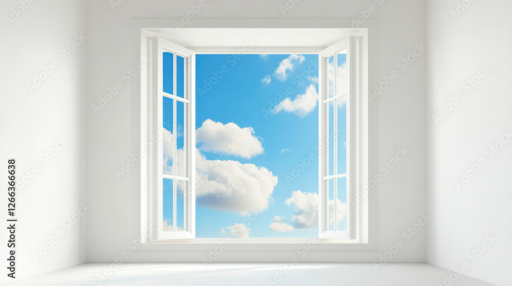 bright open window reveals clear blue sky with fluffy clouds, creating serene and inviting atmosphere. white walls enhance feeling of spaciousness and tranquility bright open window reveals clear blue sky with fluffy clouds, creating serene and inviting atmosphere. white walls enhance feeling of spaciousness and tranquility