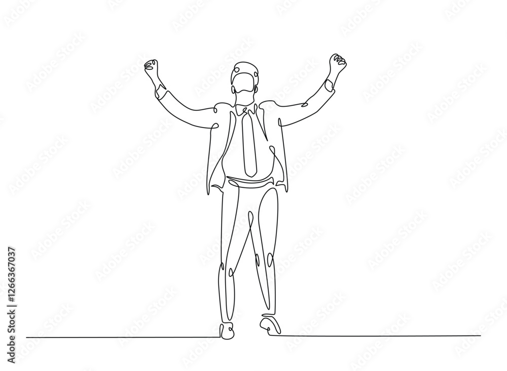 Successful businessman in continuous one line drawing. Businessman Lifting His Arms Up in one line draw. Editable vector.