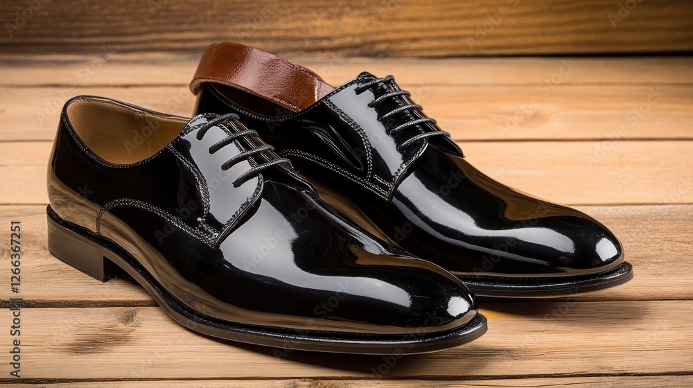 Elegant Black Patent Leather Oxford Shoes on Wooden Background Elegant Black Patent Leather Oxford Shoes on Wooden Background