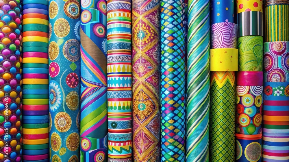 Vibrant Cylindrical Designs Featuring Bold Geometric and Floral Patterns in a Multitude of Hues Vibrant Cylindrical Designs Featuring Bold Geometric and Floral Patterns in a Multitude of Hues