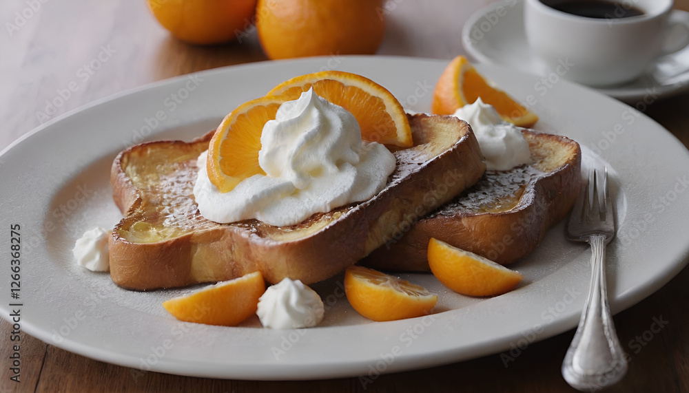 french toast with oranges, whipped cream and powdered sugar french toast with oranges, whipped cream and powdered sugar