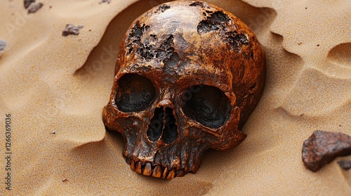 A weathered skull partially buried in golden sand, surrounded by small rocks, evoking mystery and history