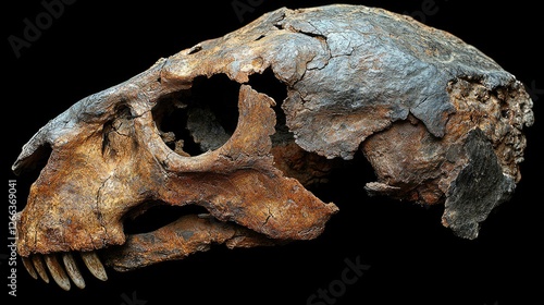 Ancient fossilized skull of a prehistoric animal, showcasing detailed textures and decay, isolated