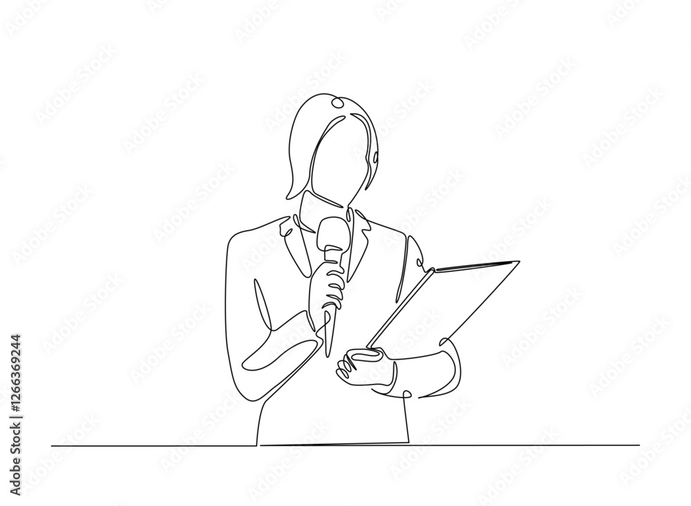 Beautiful lady reporter holding microphone illustration in continuous one line drawing. Journalist woman in one line draw. Editable vector. Beautiful lady reporter holding microphone illustration in continuous one line drawing. Journalist woman in one line draw. Editable vector.
