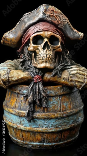 A detailed pirate skull sculpture emerging from a weathered wooden barrel, set against a dark background