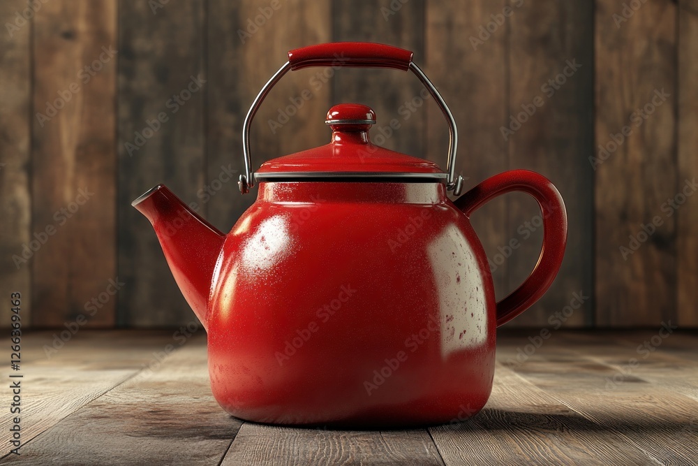 Red enamel teapot on wooden surface. Red enamel teapot on wooden surface.