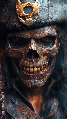 Detailed close-up of a pirate skull wearing a weathered hat, surrounded by a smoky, mysterious atmosphere